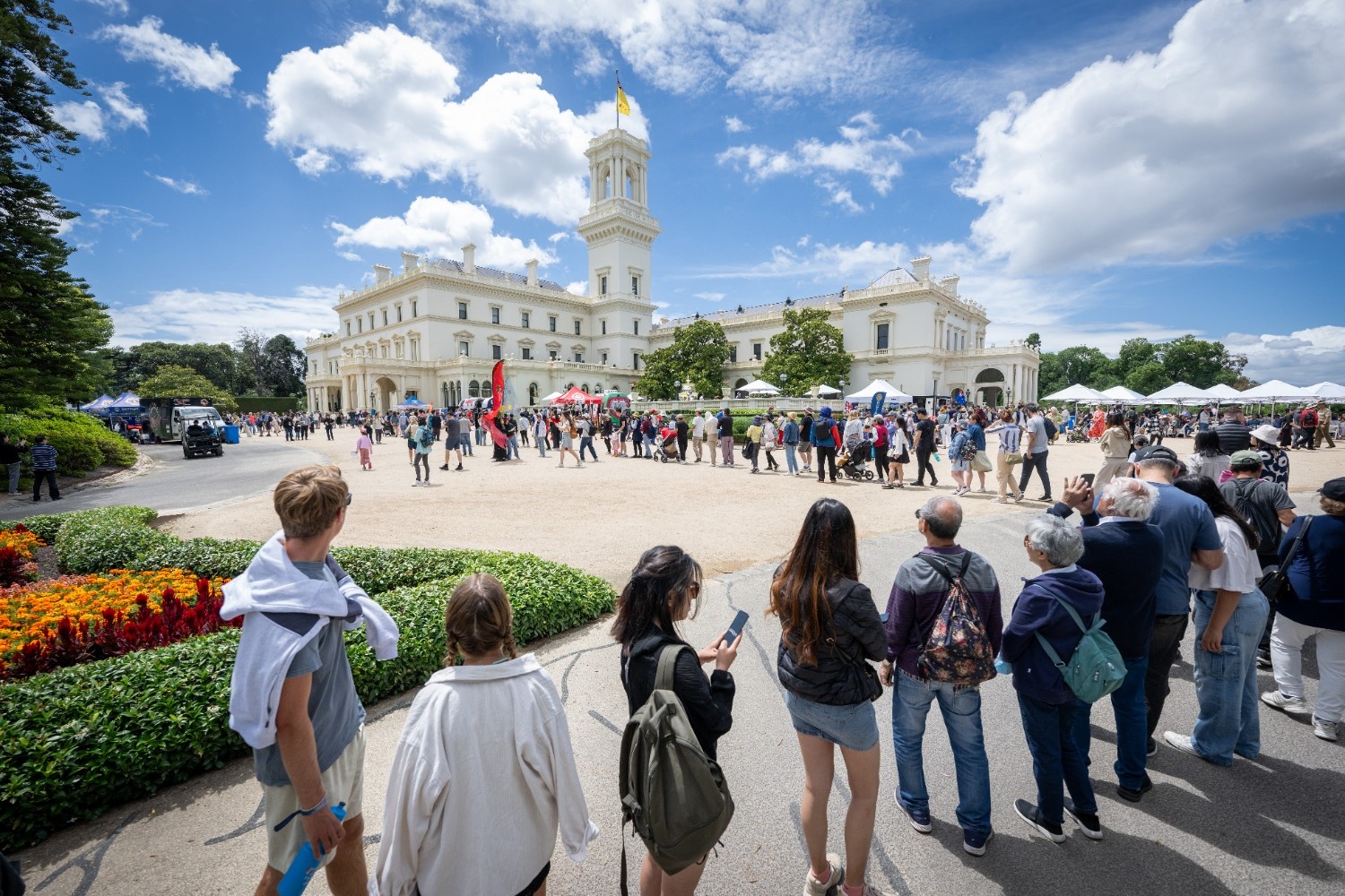 Visitors queuing for a self-guided tour of Government House Victoria during an Open Day 