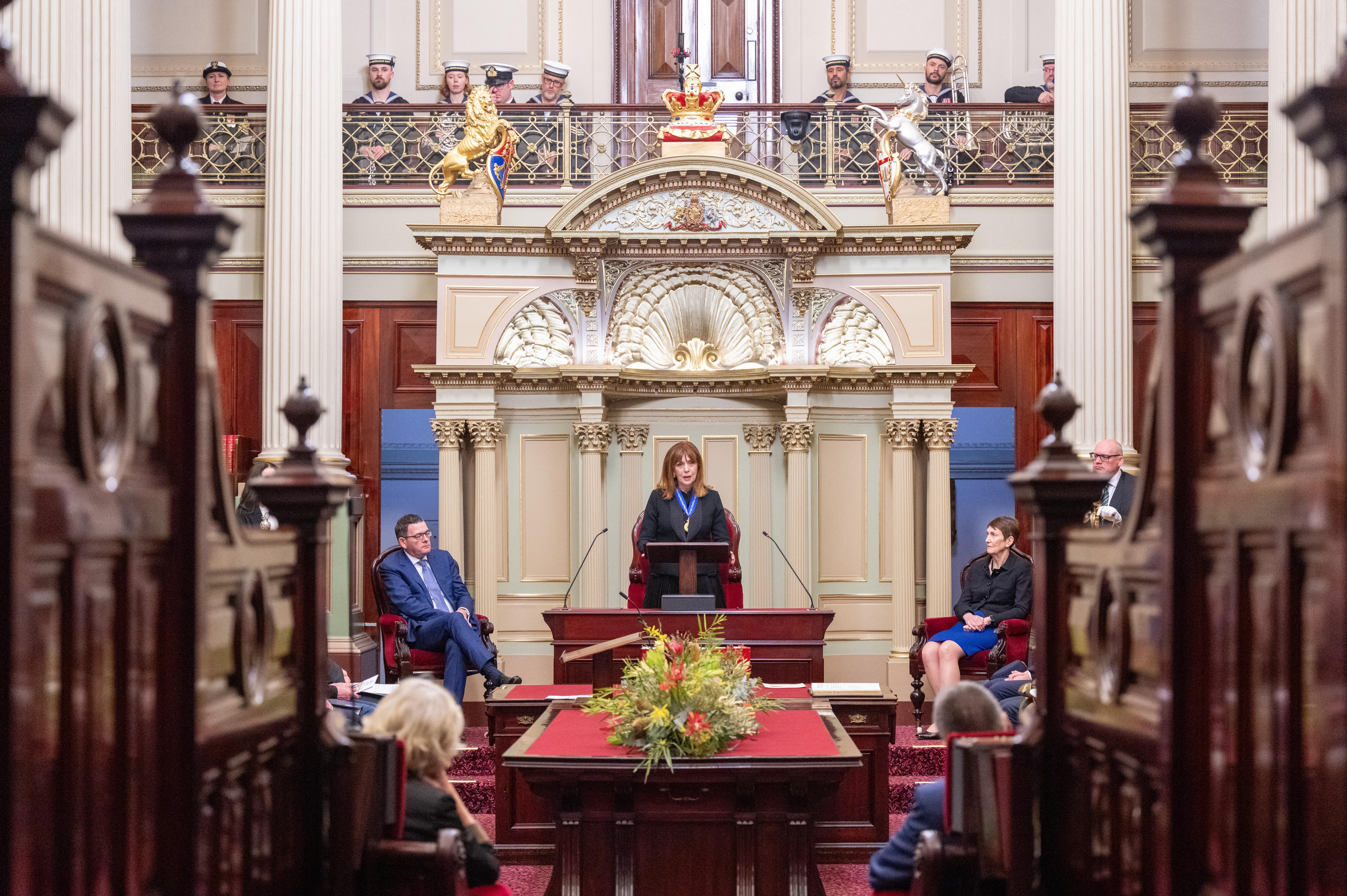 Her Excellency Professor the Honourable Margaret Gardner AC being inaugurated at Governor of Victoria at a ceremony at the Victorian Parliament.