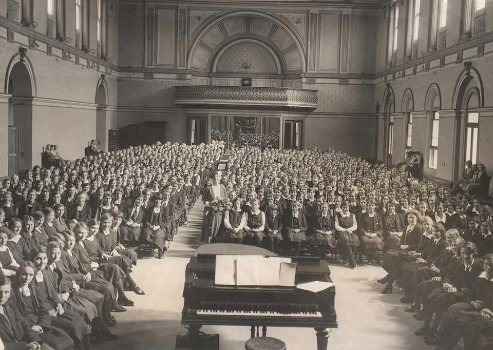 Melbourne Girls' High School students in the Ballroom at Government Hosue 1932