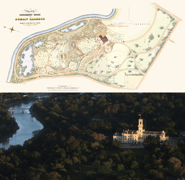 Above: Map of Government House and Domain Gardens. Below: Aerial shot of Government House and grounds. Photo by Leigh Hanningham, 2017.