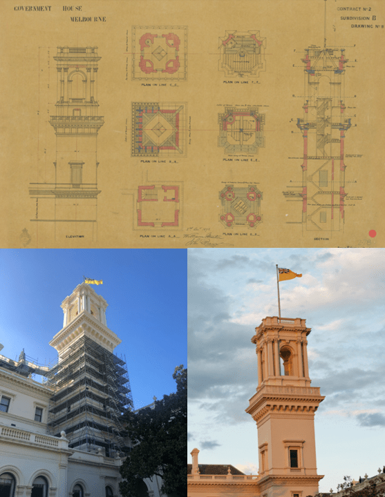 Clockwise from top: Tower design; Tower under conservation in 2020. Photo courtesy of staff; Tower at sunset, Gavin Blue, 2018.