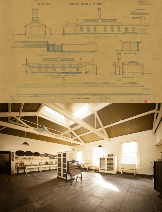 Above: Kitchen Court and Offices. Below: Image of the Old Kitchen. Photo, Gavin Blue, 2018.