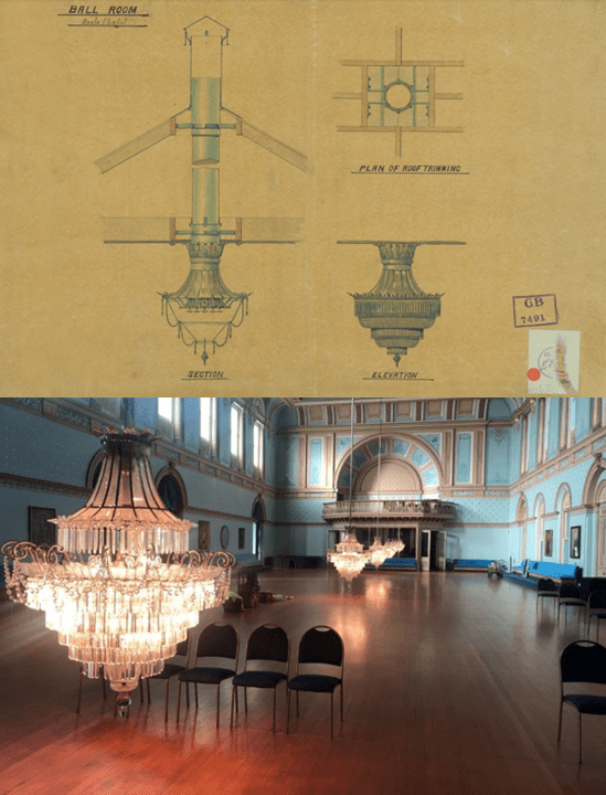 Above: Ballroom Light Fitting design. Below: Ballroom chandeliers lowered for cleaning. Photo courtesy of Government House staff.