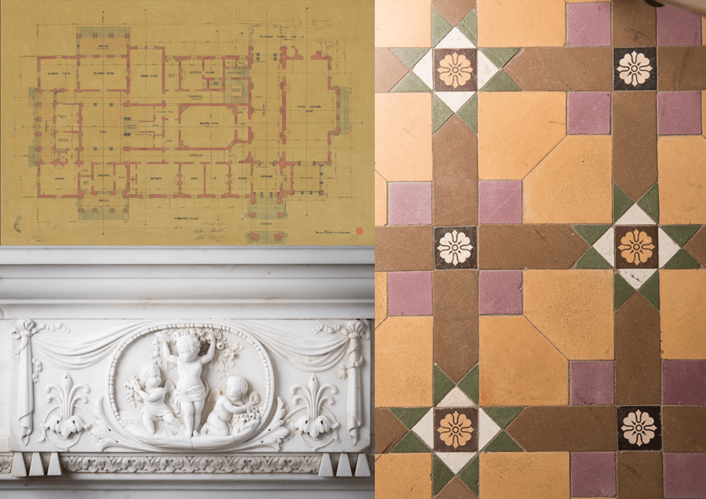 Clockwise from top left: Internal Rooms Floorplan; Image of the State Drawing Room Mantelpiece. Photo by, Gavin Blue, 2018; Image of original tessellated tiles, State Vestibule. Photo by Gavin Blue, 2018.