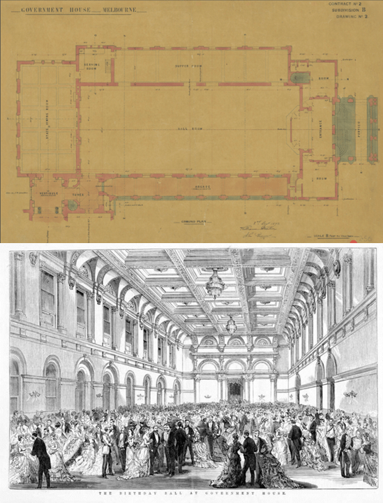 Above: Ballroom Floorplan. Below: Period engraving.