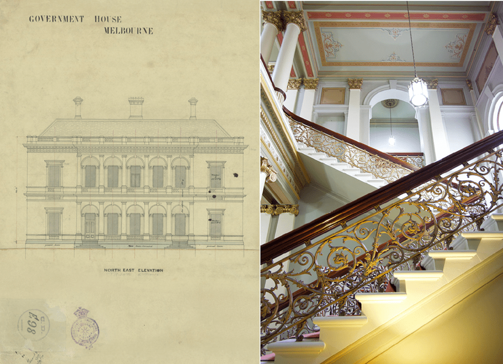 Left: North East Elevation. Right: Detail of the grand staircase, Governor’s Hall. Photo courtesy of Government House staff.