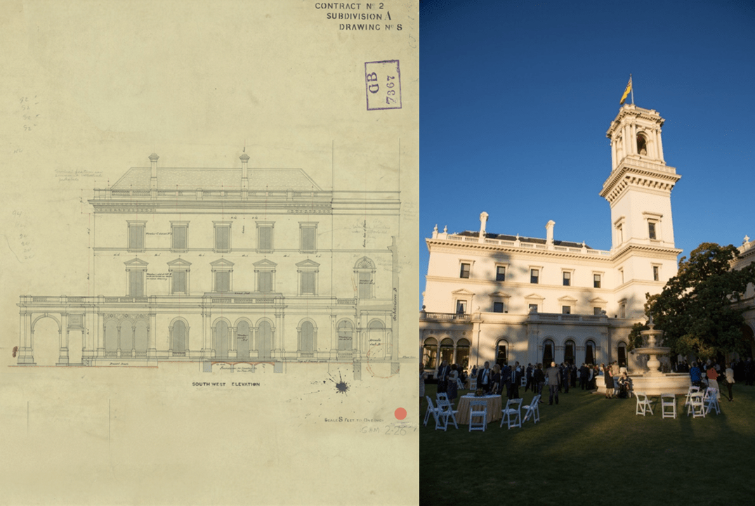 Left: South West Elevation. Right: Official function on the Fountain Court at dusk, South West Elevation. Photo courtesy of Government House staff.