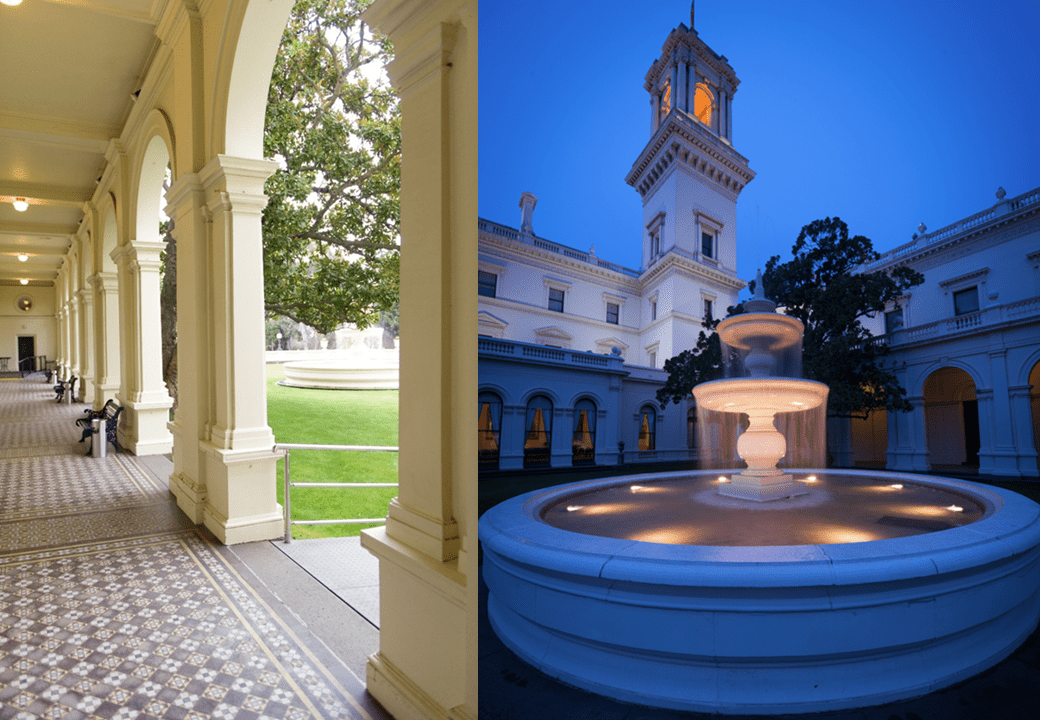 Left: Photo: Ballroom Colonnade, looking back toward the Fountain Court. Right: The Fountain at night, Gavin Blue, 2018.